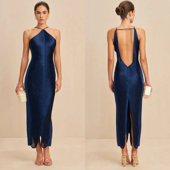 Cult Gaia Renata Silk Fringe Halter Gown Ink Navy Size Large - Picture 15 of 15